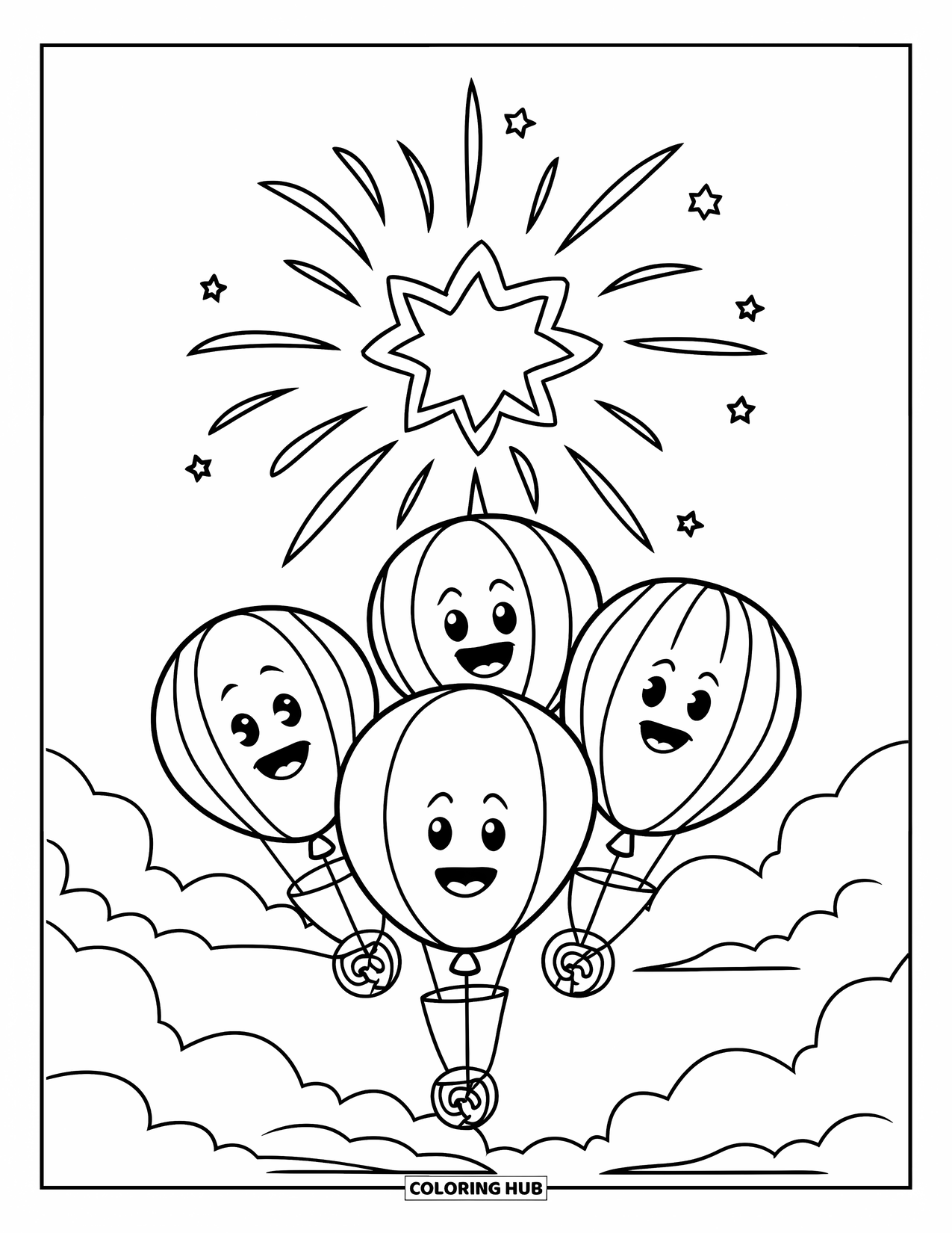 Fireworks Coloring Page for Kids: Friendly balloons drift upward while a star-shaped firework sparkles above