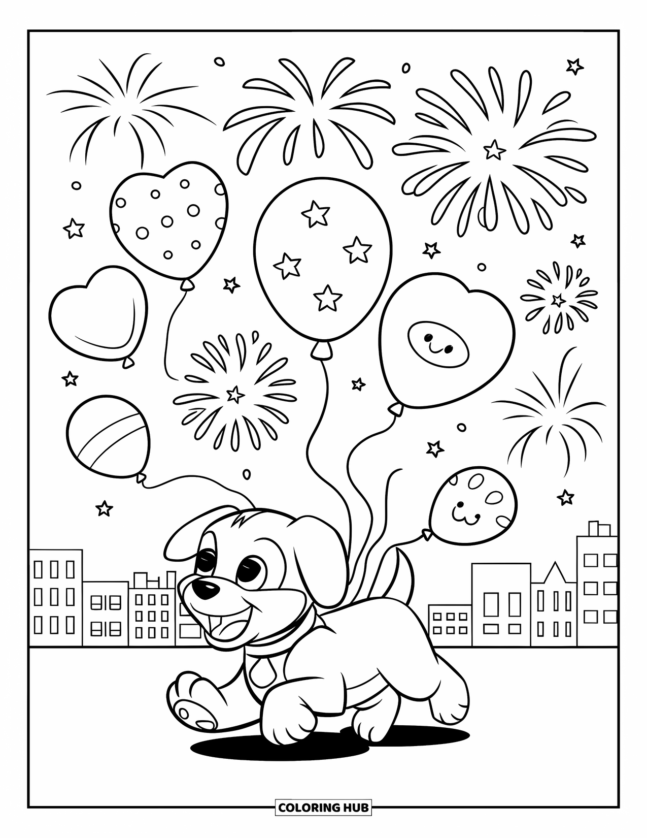 Fireworks Coloring Page for Kids: Friendly puppy runs after heart and star balloons with fireworks bursting over a city skyline