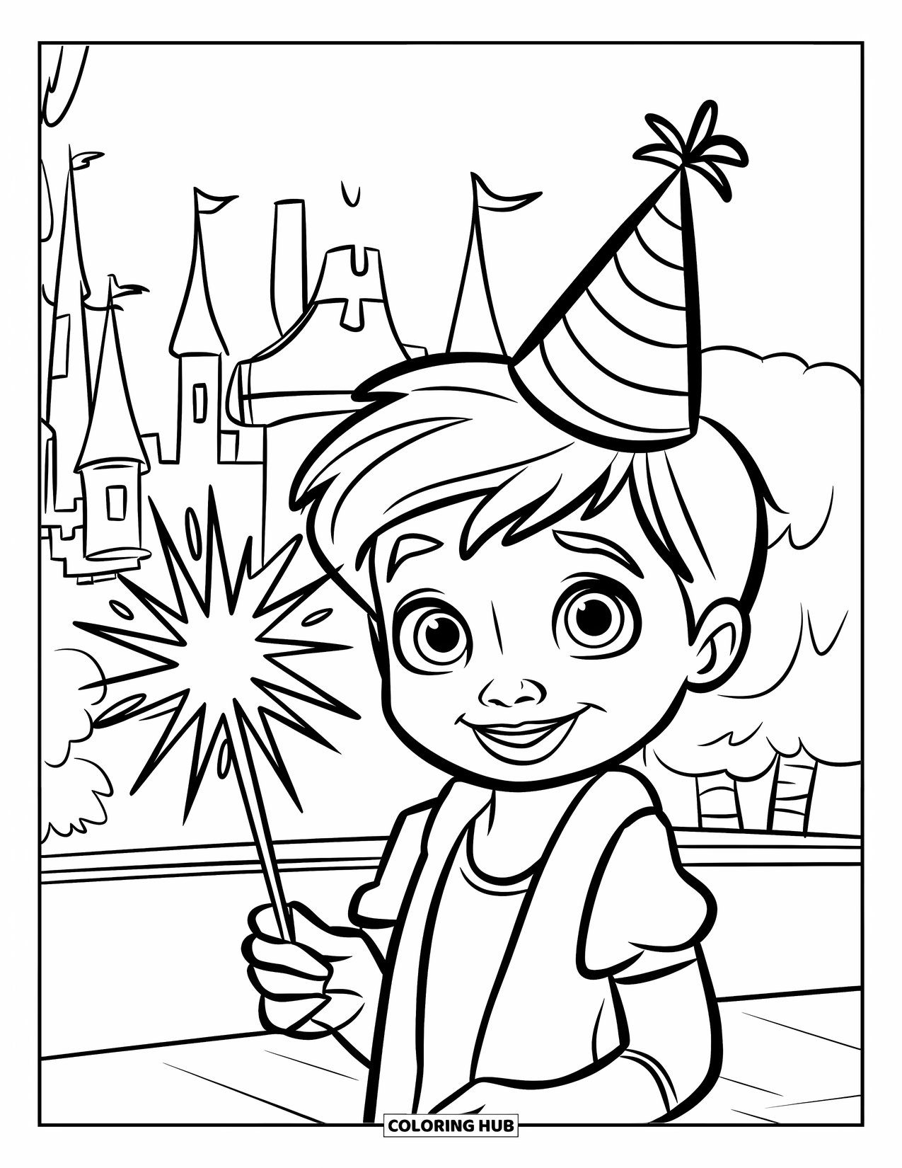 Fireworks Coloring Page for Kids: Kid with a sparkler smiles near a castle and trees while fireworks light the sky