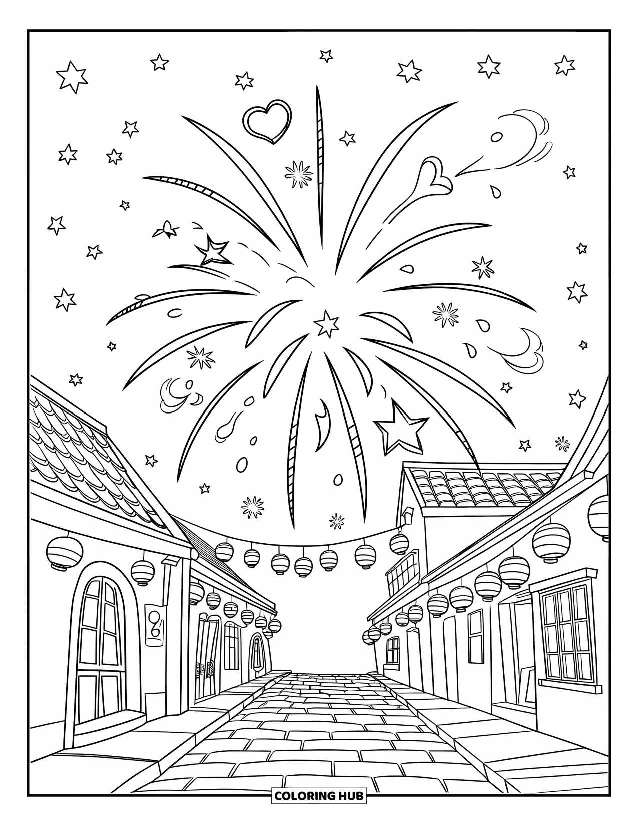 Fireworks Coloring Page for Kids: Lanterns and fireworks fill the sky above charming buildings on a quiet stone street