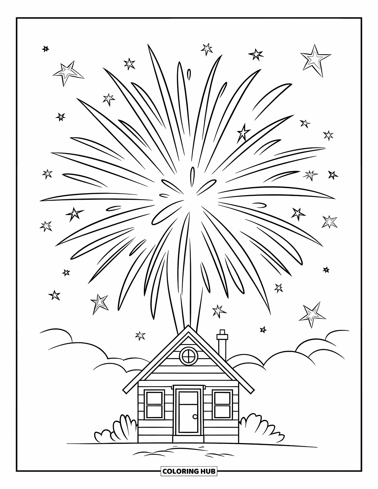 Fireworks Coloring Page for Kids: One big firework bursts above a tiny house under a sky full of stars