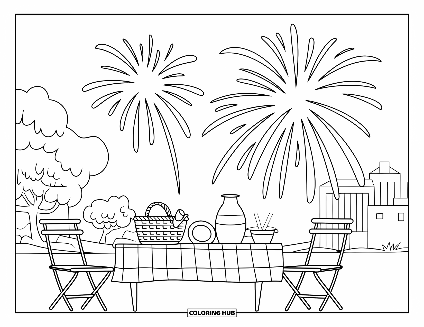 Fireworks Coloring Page for Kids: Picnic chairs and snacks rest by a table as fireworks burst above trees and buildings