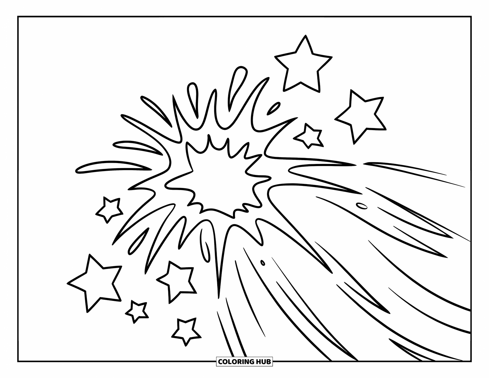 Fireworks Coloring Page for Kids: Star-shaped firework bursts with a glowing trail beneath it