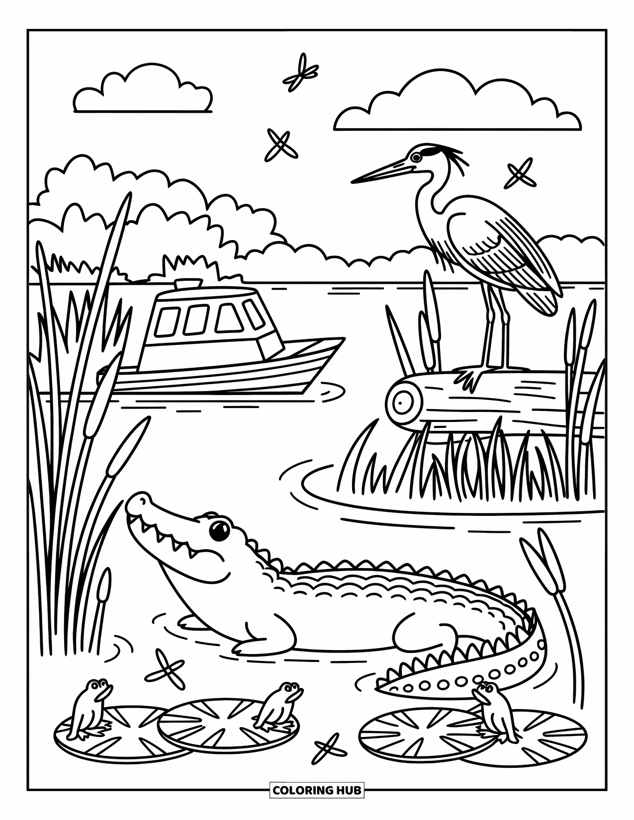 Florida Coloring Page for Adults: A calm alligator and heron share the Everglades as an airboat drifts by