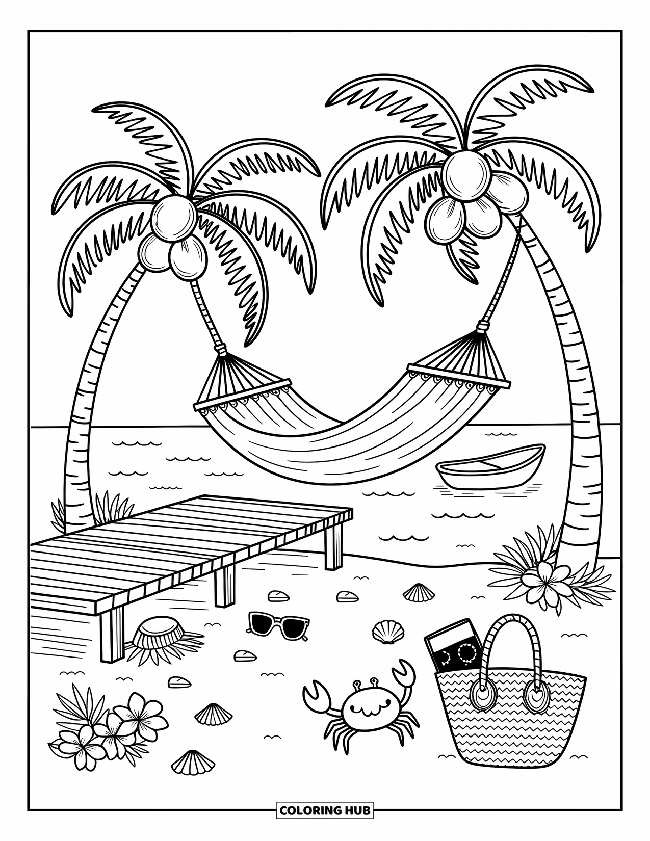 Florida Coloring Page for Adults: A hammock stretches between palm trees with a boat and pier by the water