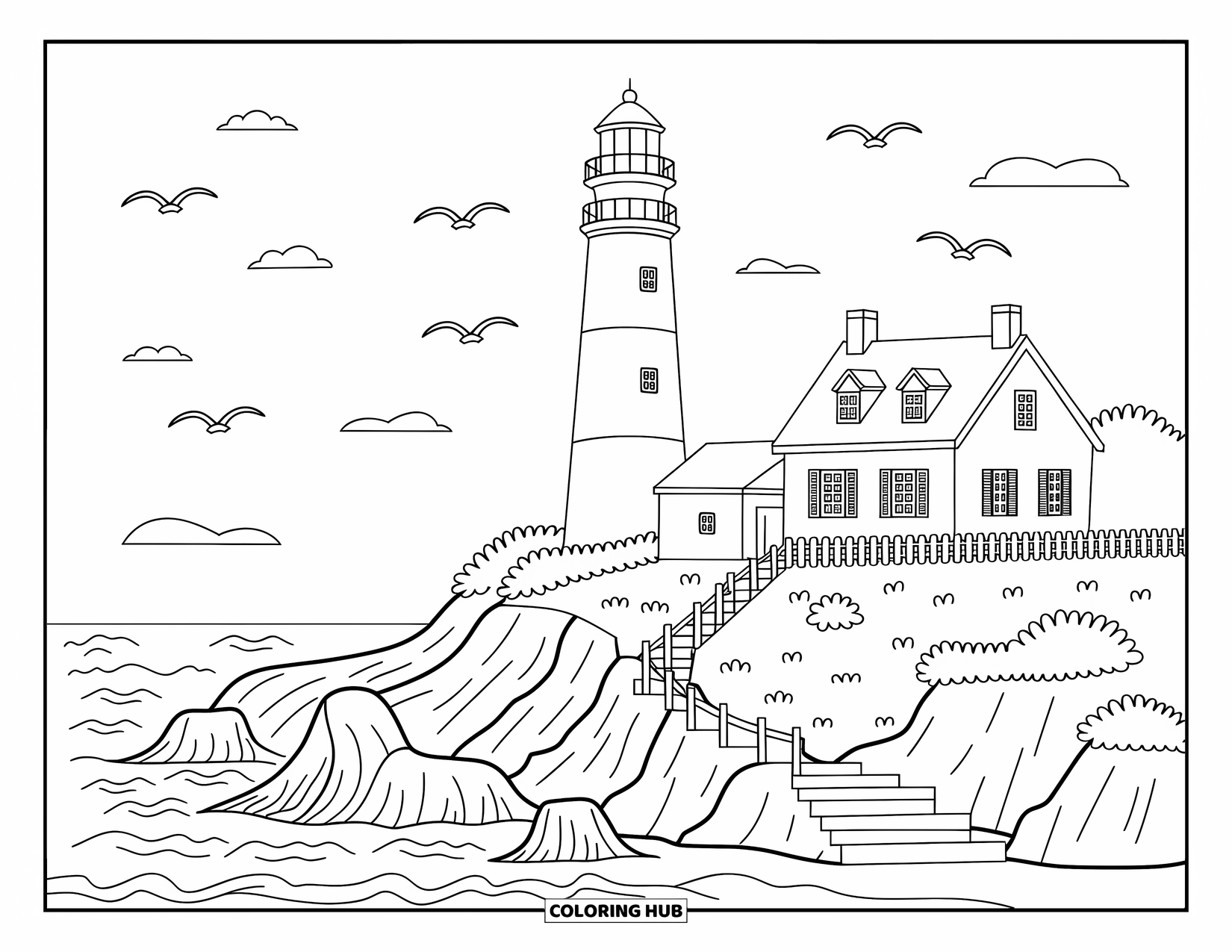 Florida Coloring Page for Adults: A lighthouse and cottage sit on a rugged cliff with seagulls flying overhead