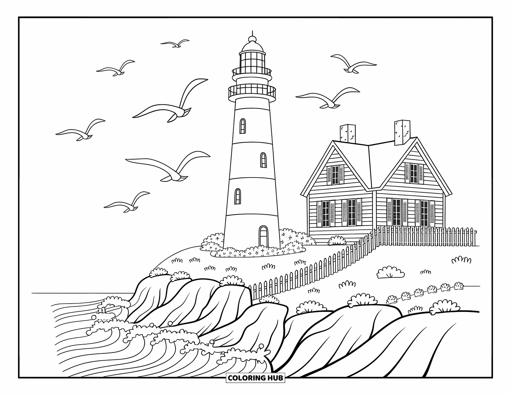 Florida Coloring Page for Adults: A lighthouse rises above a rocky shore with seagulls soaring in the breezy sky