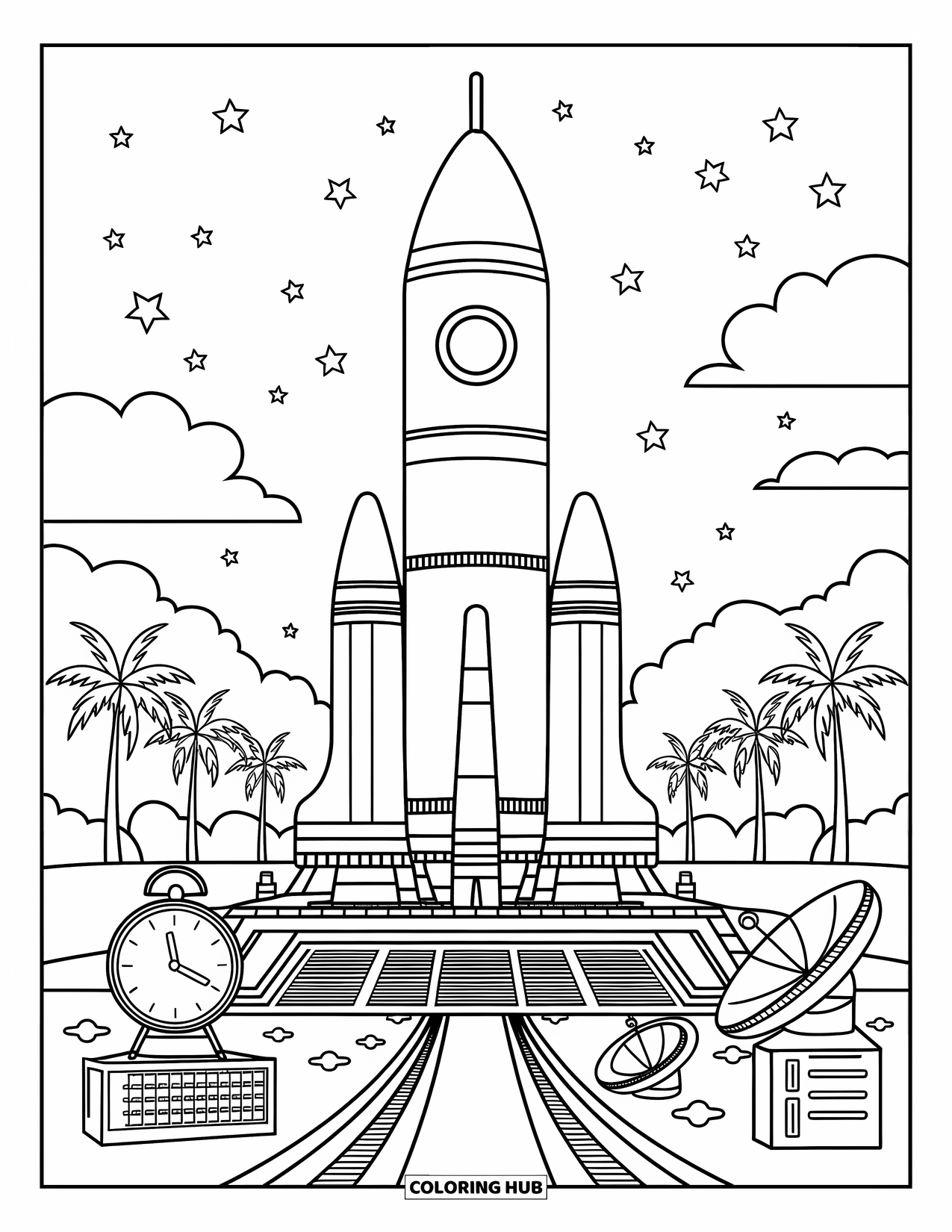 Florida Coloring Page for Adults: A rocket stands tall on its launchpad with stars twinkling above palm trees