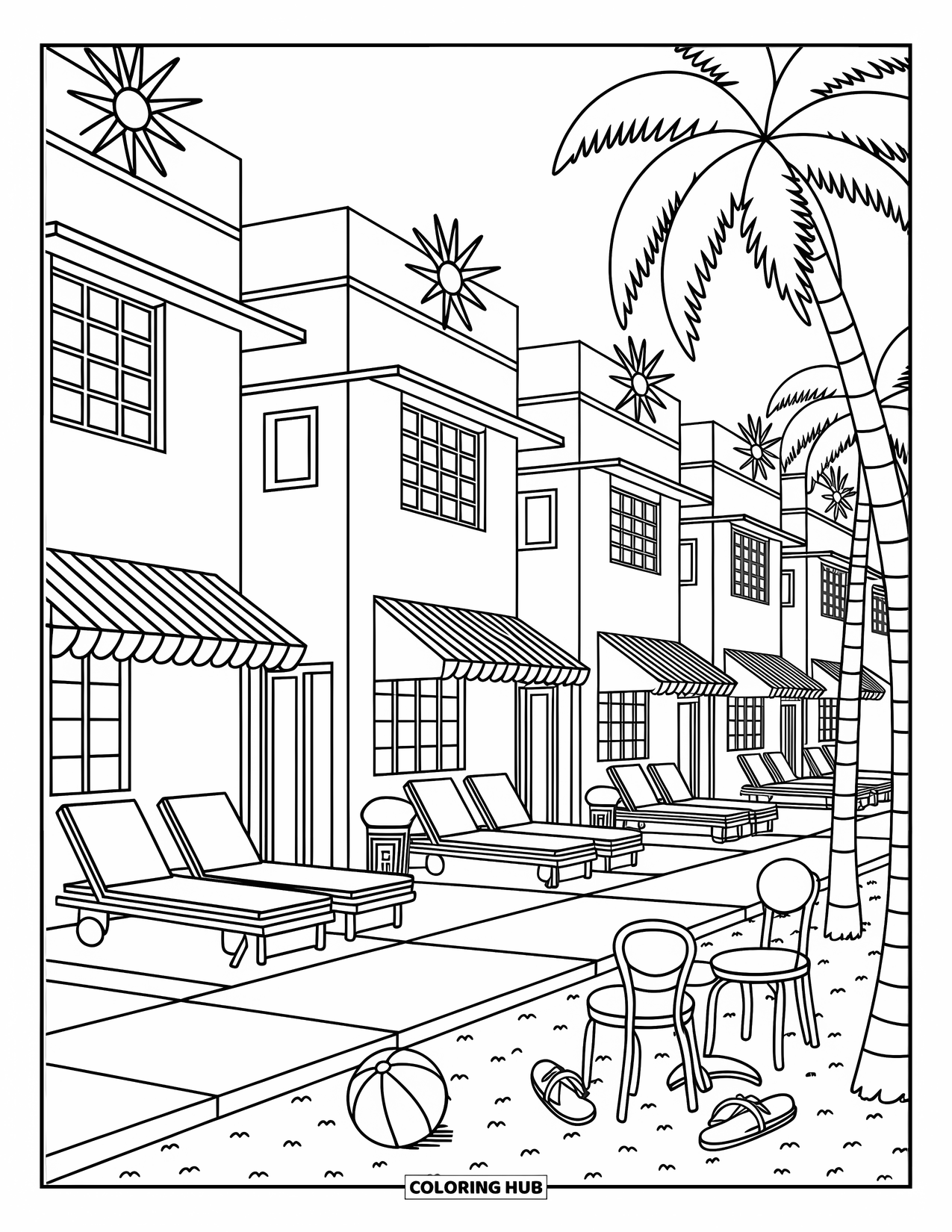 Florida Coloring Page for Adults: A row of colorful hotels lines South Beach with palm trees and a scooter