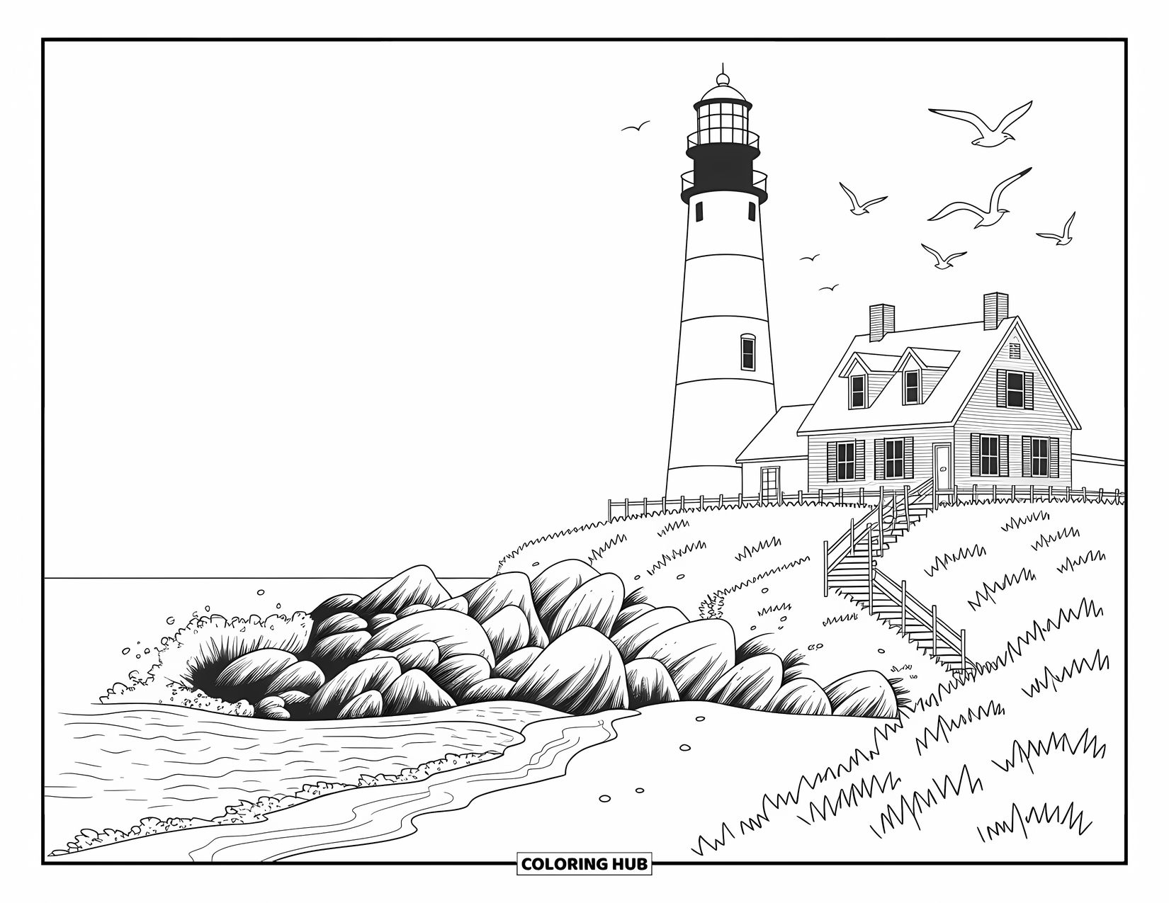 Florida Coloring Page for Adults: A striped lighthouse and cozy cottage rest on a rocky cliff near the sea