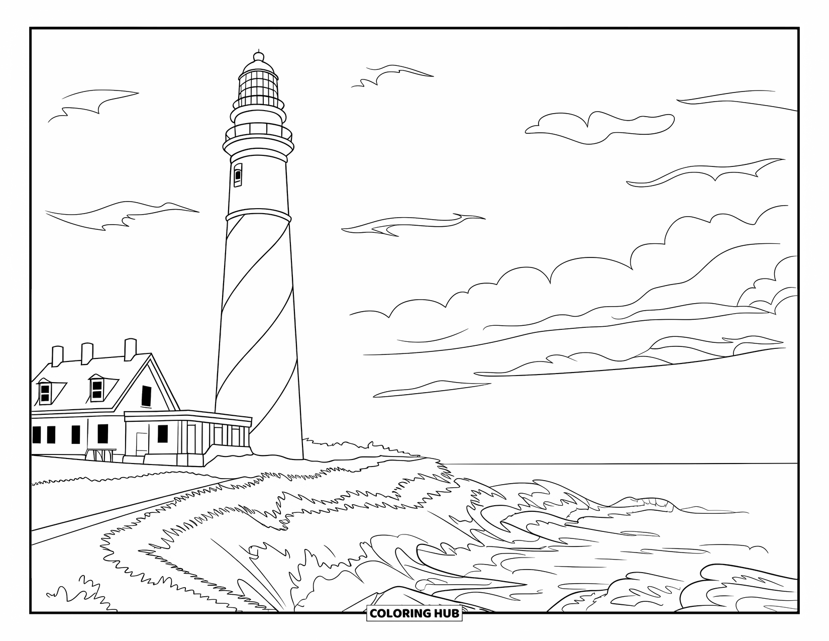 Florida Coloring Page for Adults: A striped lighthouse with its keeper's house sits on coastal cliffs by the sea