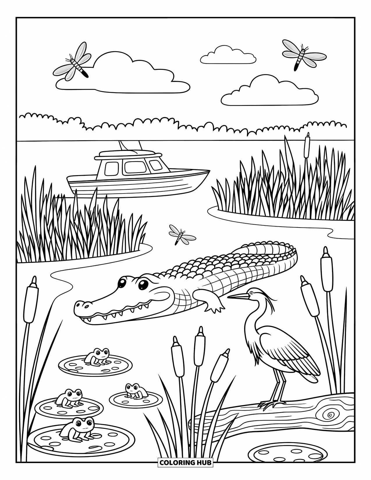 Florida Coloring Page for Adults: An airboat glides through the Everglades with an alligator, heron, and playful dragonflies