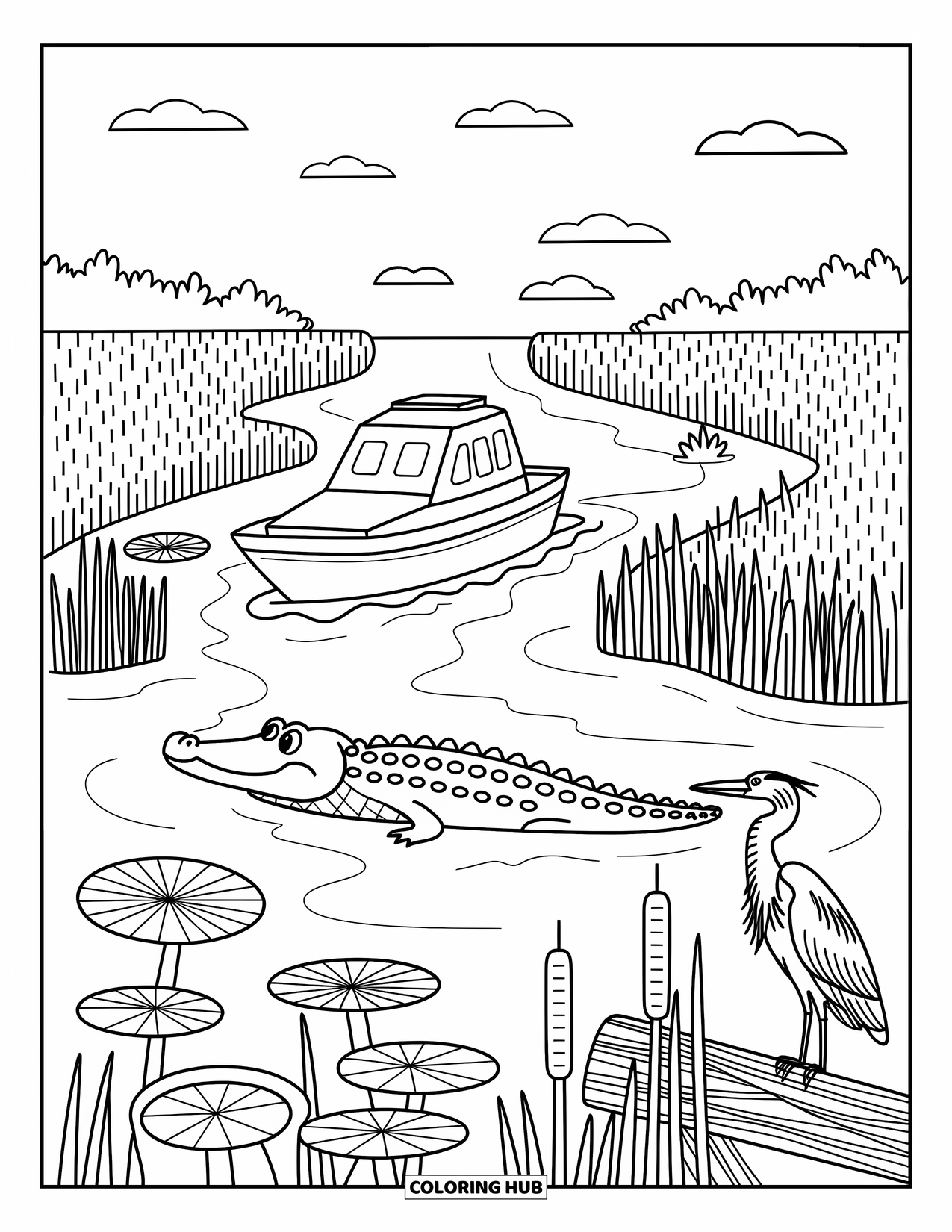 Florida Coloring Page for Adults: An airboat travels through the Everglades with frogs, dragonflies, and a resting heron