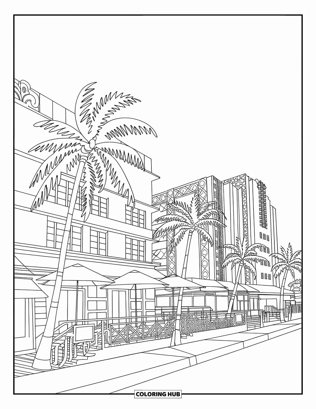 Florida Coloring Page for Adults: South Beach street view shows art deco buildings, palm trees, and umbrellas