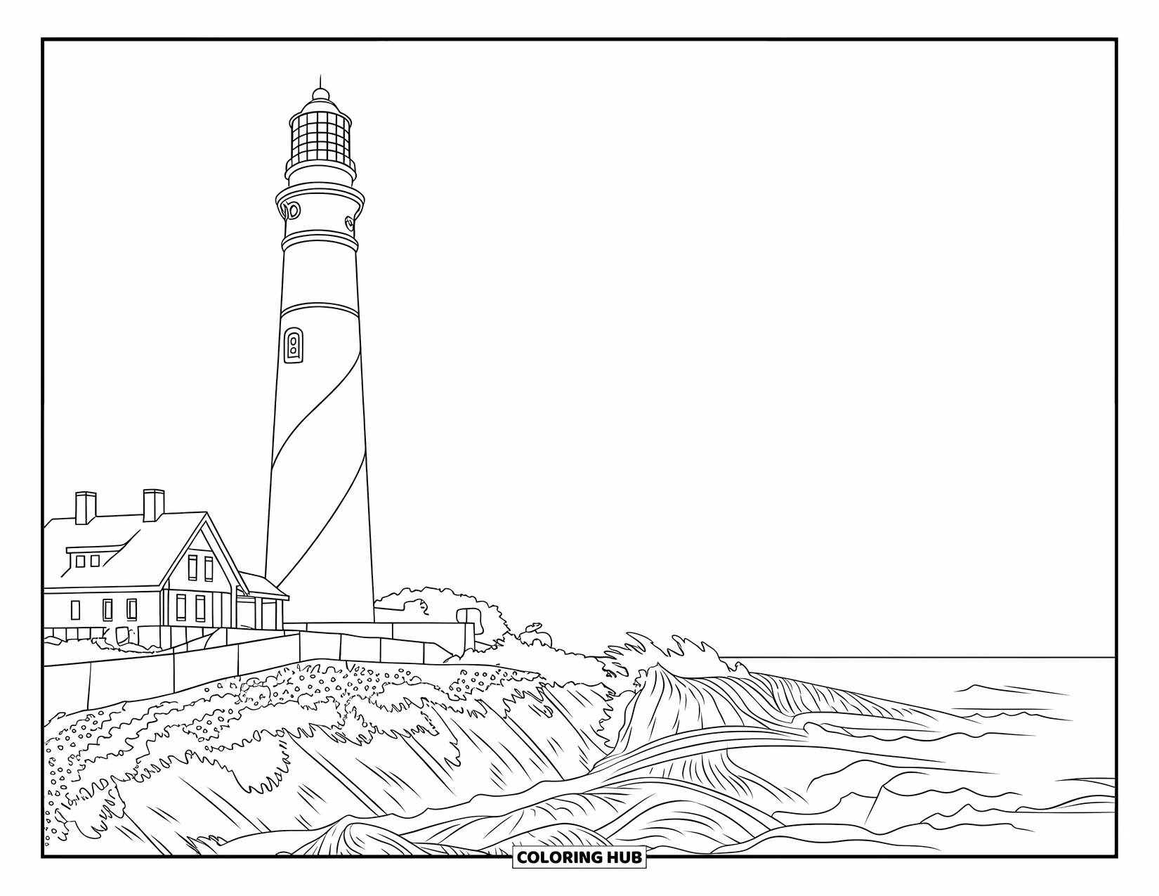 Florida Coloring Page for Adults: St. Augustine Lighthouse stands tall on cliffs with waves crashing below