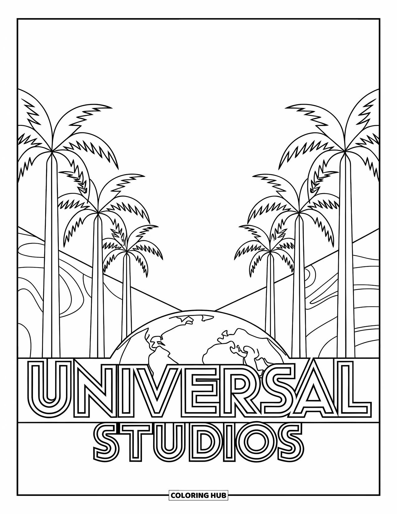 Florida Coloring Page for Adults: The grand archway of Universal Studios Florida features palm trees and a globe