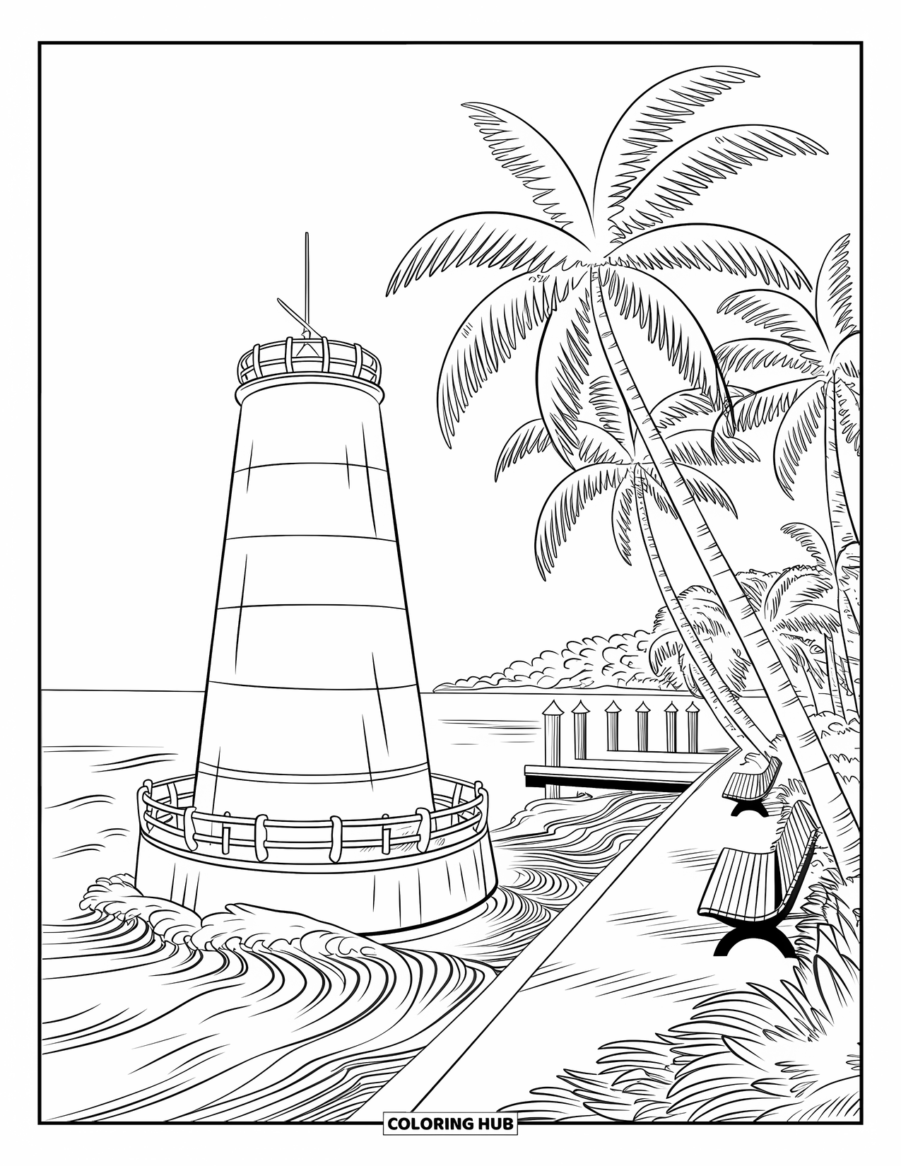Florida Coloring Page for Adults: The Southernmost Point Buoy is surrounded by ocean waves, a dock, and benches