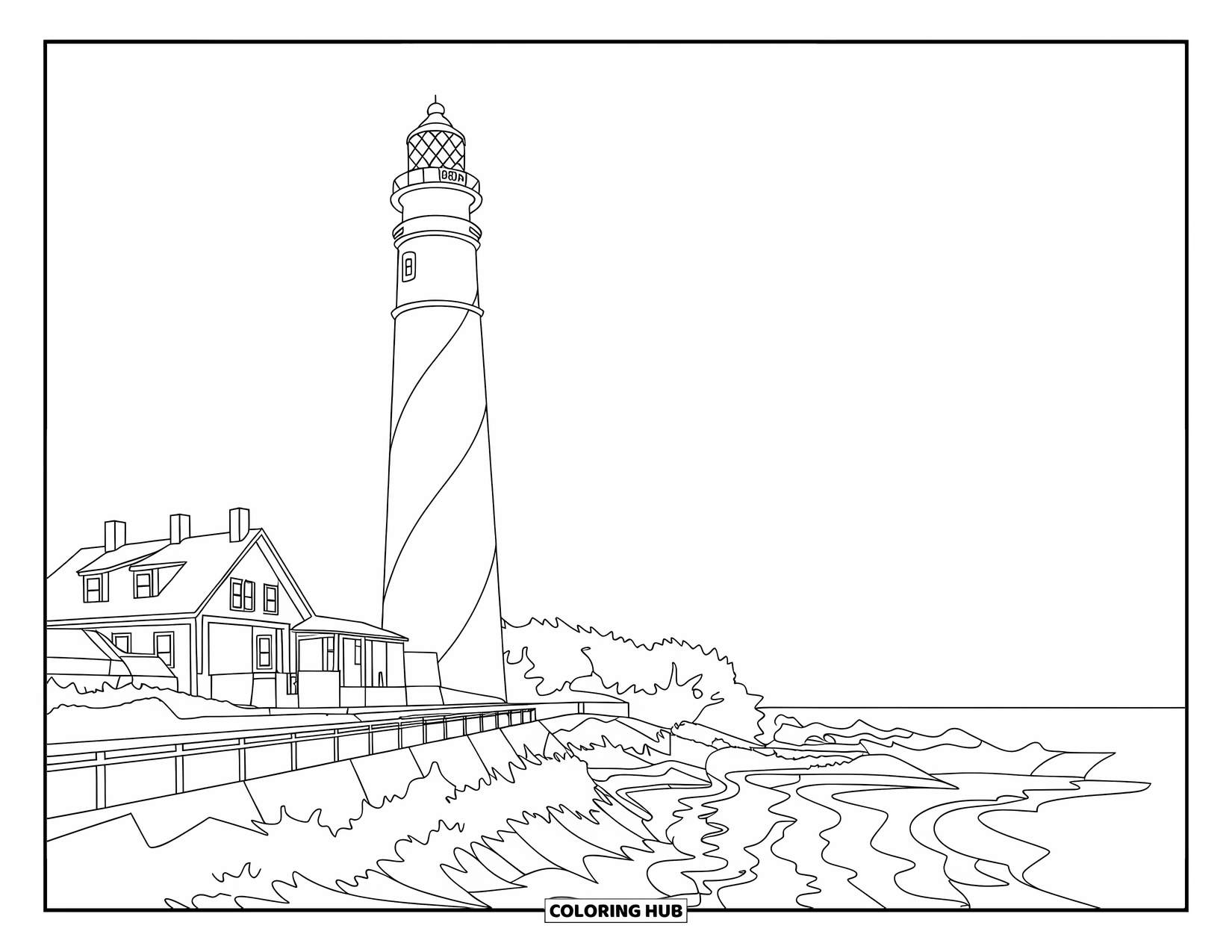 Florida Coloring Page for Adults: The striped St. Augustine Lighthouse overlooks cliffs, a cottage, and the ocean waves