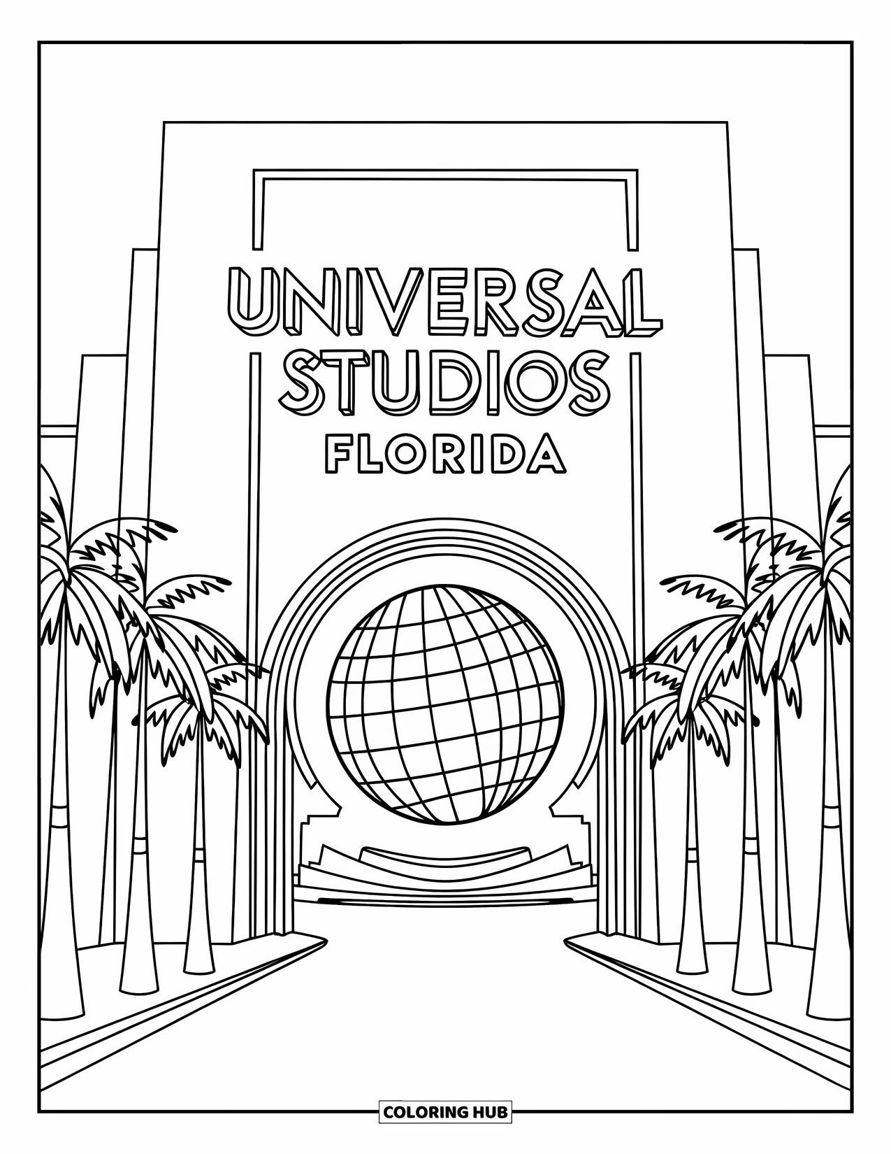 Florida Coloring Page for Adults: The Universal Studios archway towers with palm trees and its iconic globe