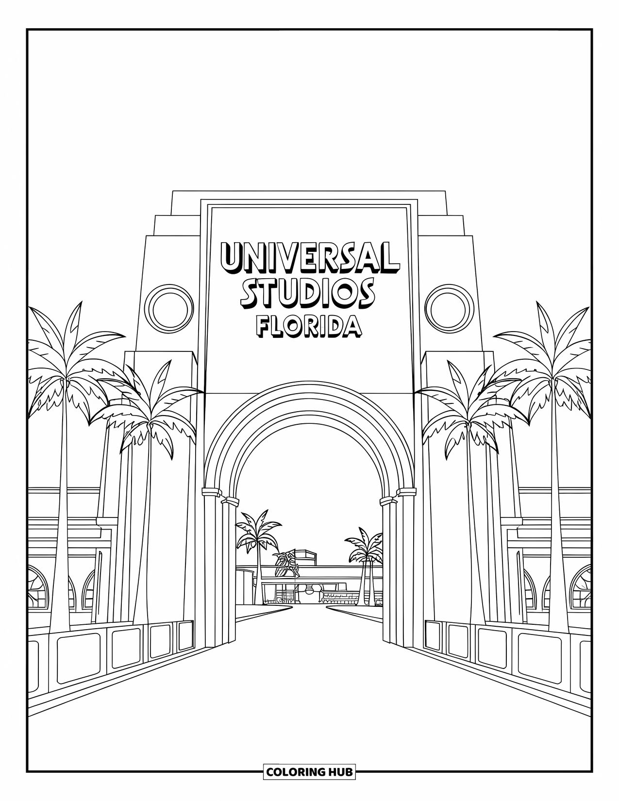 Florida Coloring Page for Adults: Universal Studios archway rises with its lettering, palm trees, and a globe