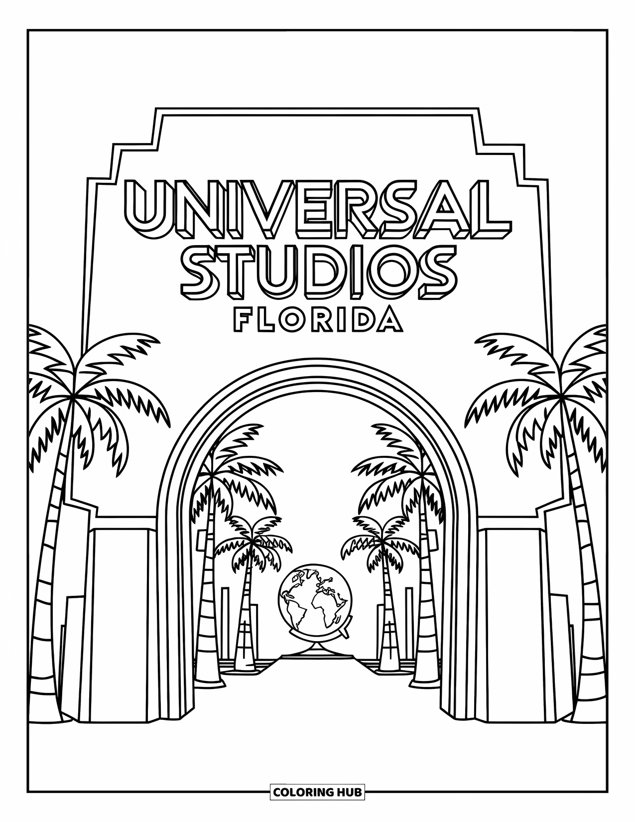 Florida Coloring Page for Adults: Universal Studios Florida archway stands with palm trees and spinning globe