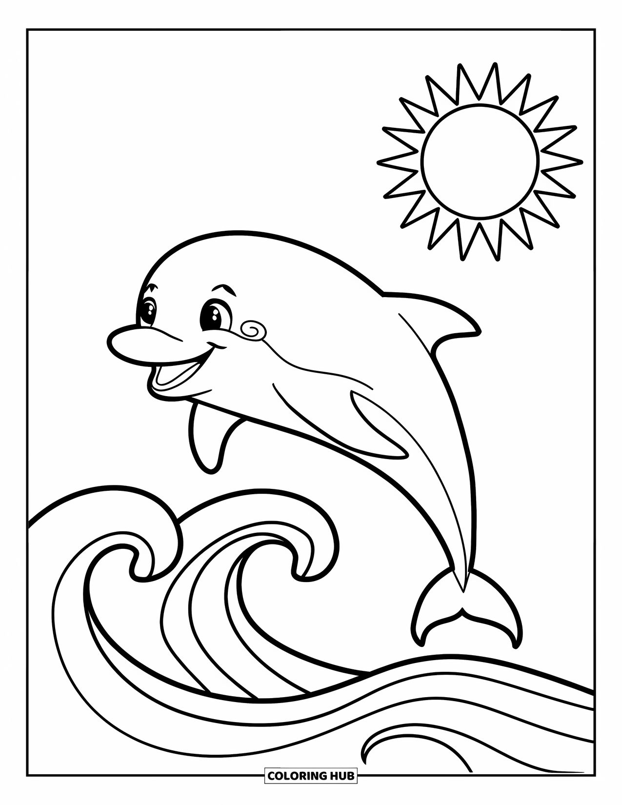 Florida Coloring Page for Kids: A cheerful dolphin jumps over waves under the sun