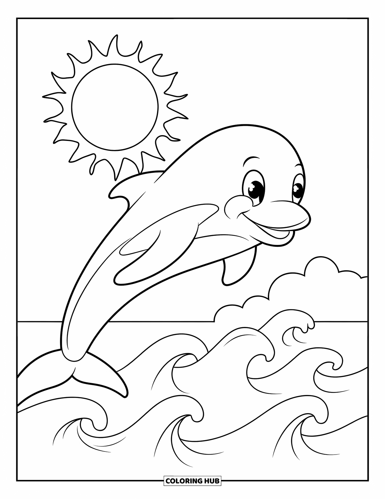 Florida Coloring Page for Kids: A dolphin with a big smile jumps over waves under the sun