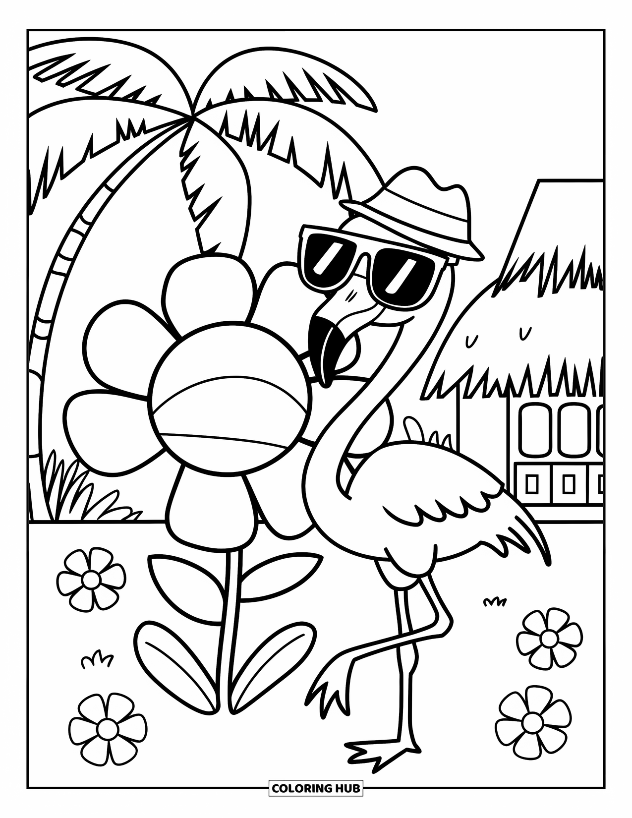 Florida Coloring Page for Kids: A flamingo in a hat and sunglasses stands by flowers