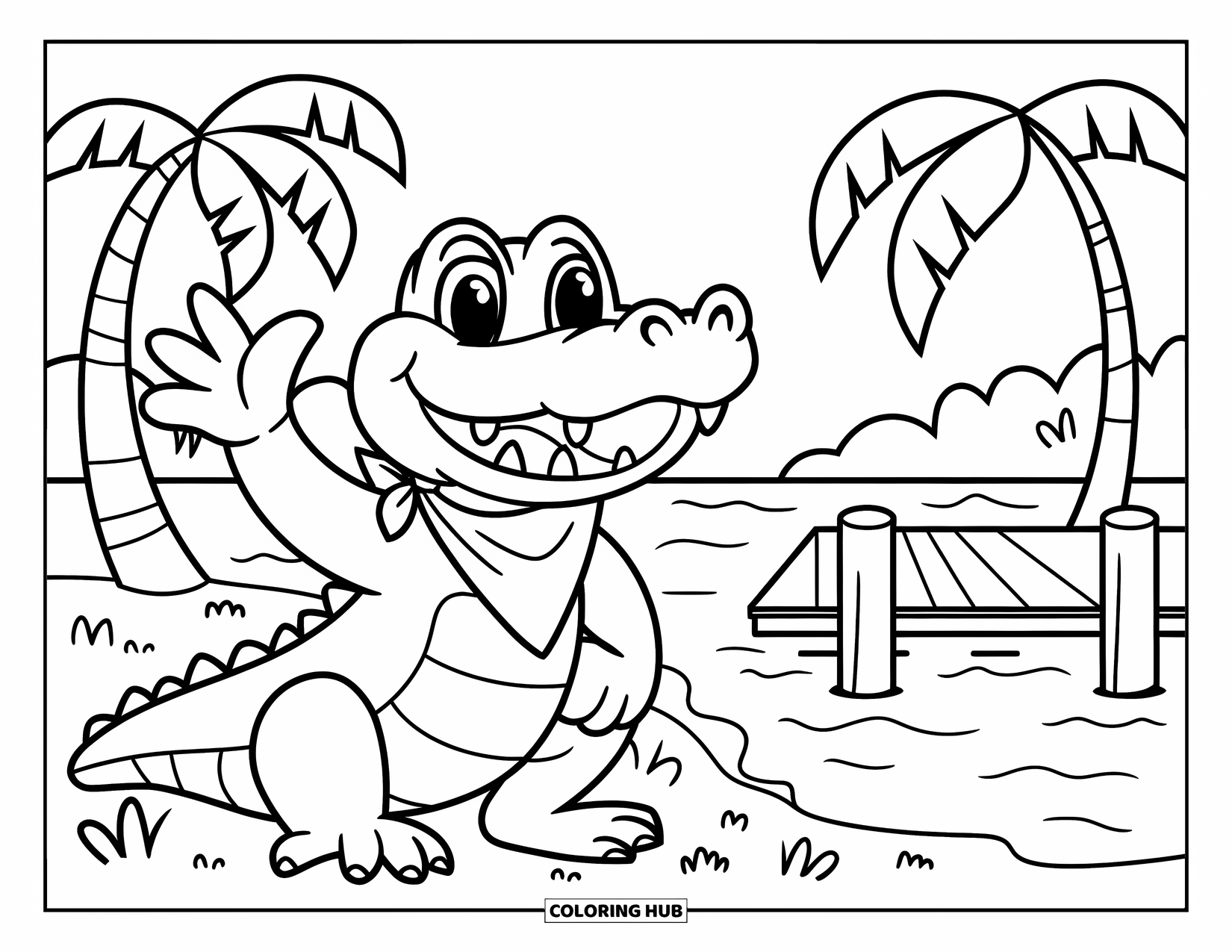 Florida Coloring Page for Kids: A happy alligator with a bandana waves near palm trees