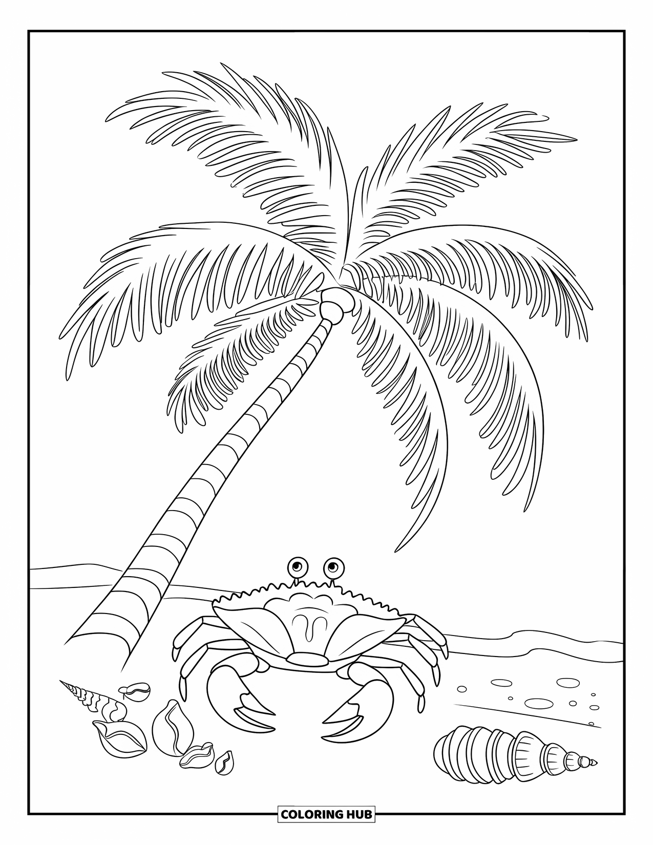 Florida Coloring Page for Kids: A palm tree on the beach with seashells and a crab