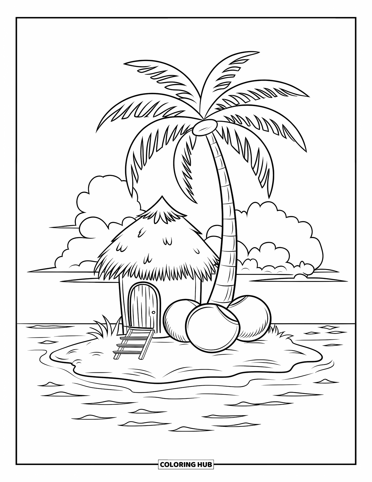 Florida Coloring Page for Kids: A palm tree with coconuts stands by a hut and ladder