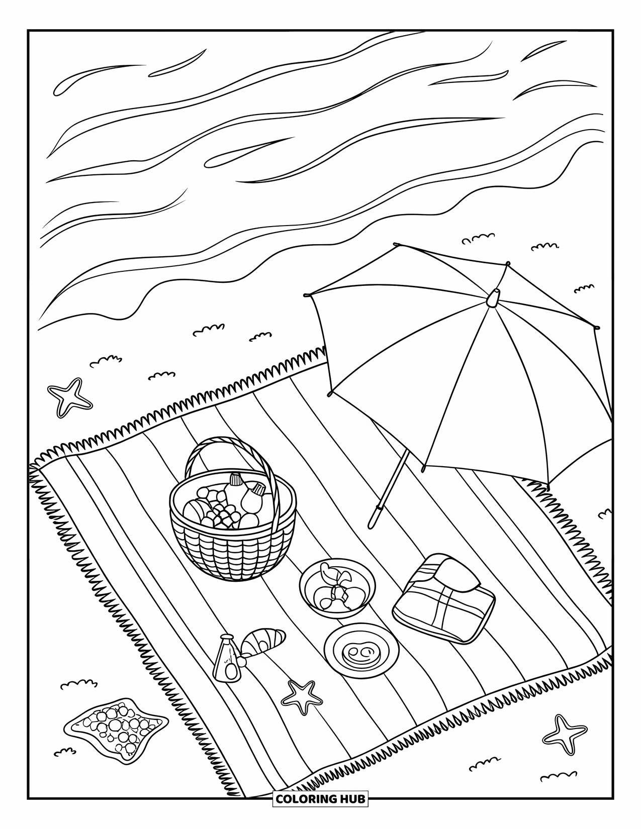 Florida Coloring Page for Kids: A picnic scene with food, umbrella, and waves on the beach