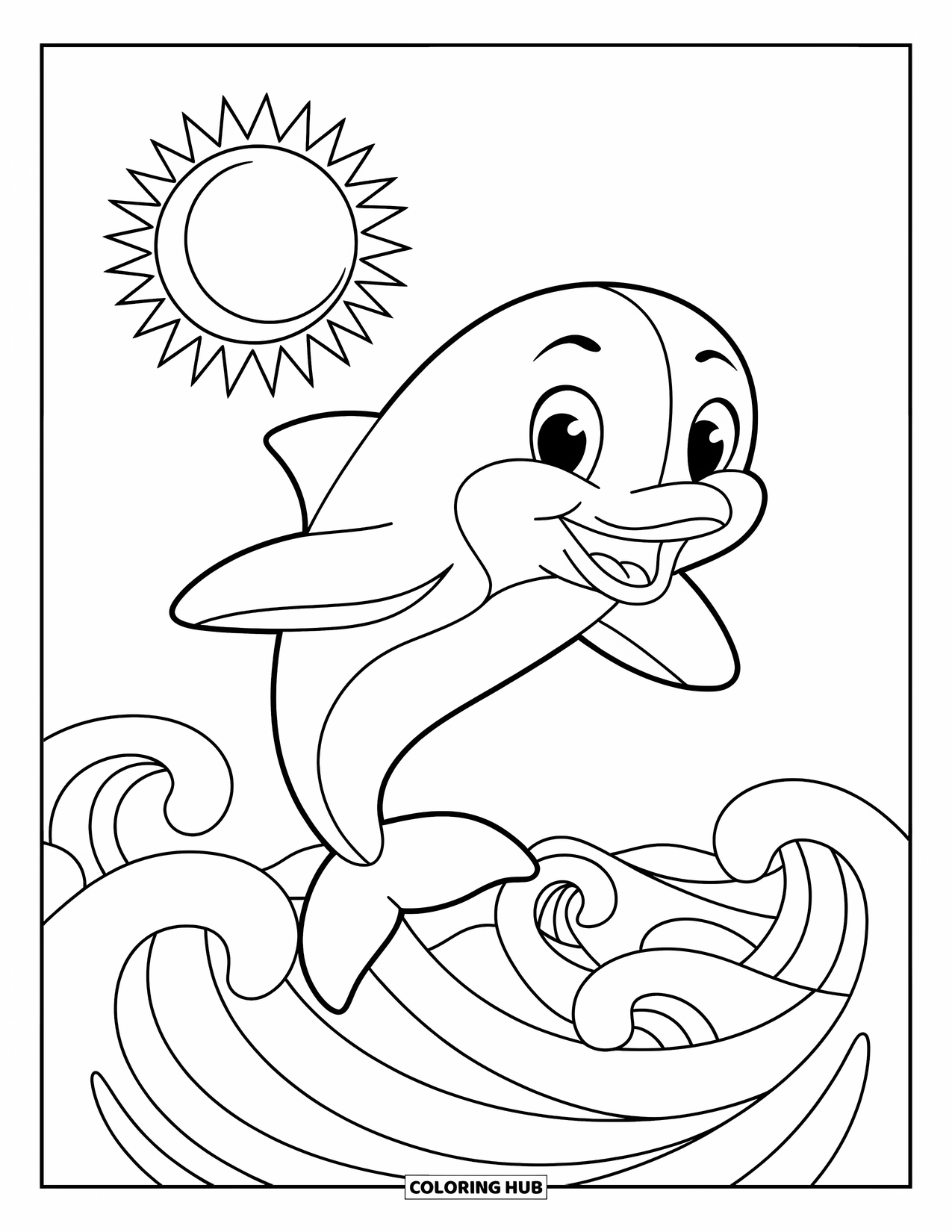 Florida Coloring Page for Kids: A playful dolphin leaps high over the waves with sun