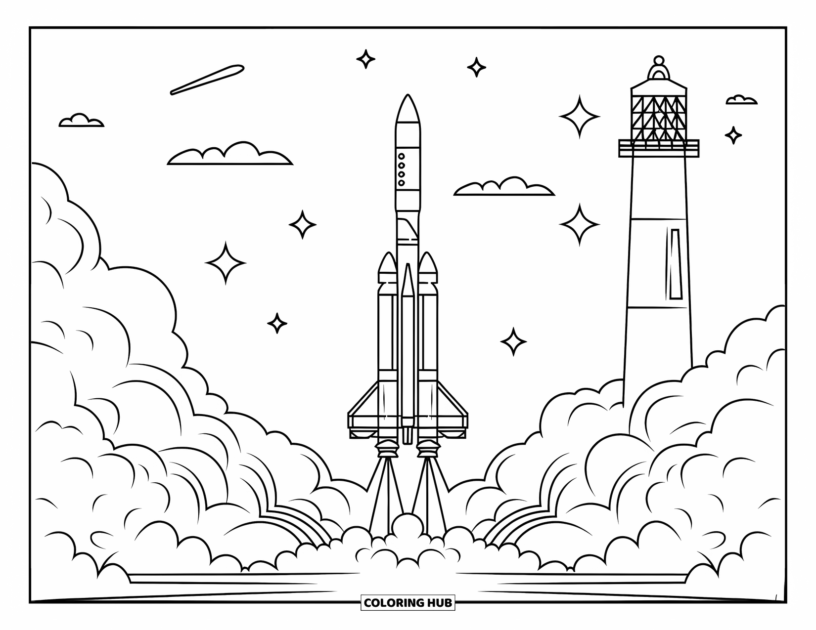 Florida Coloring Page for Kids: A rocket launches from Cape Canaveral with clouds and stars