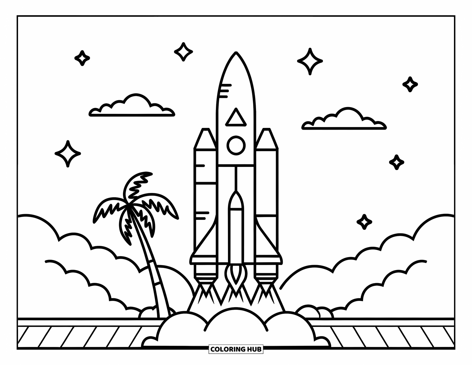 Florida Coloring Page for Kids: A rocket launches with clouds, stars, and a palm tree