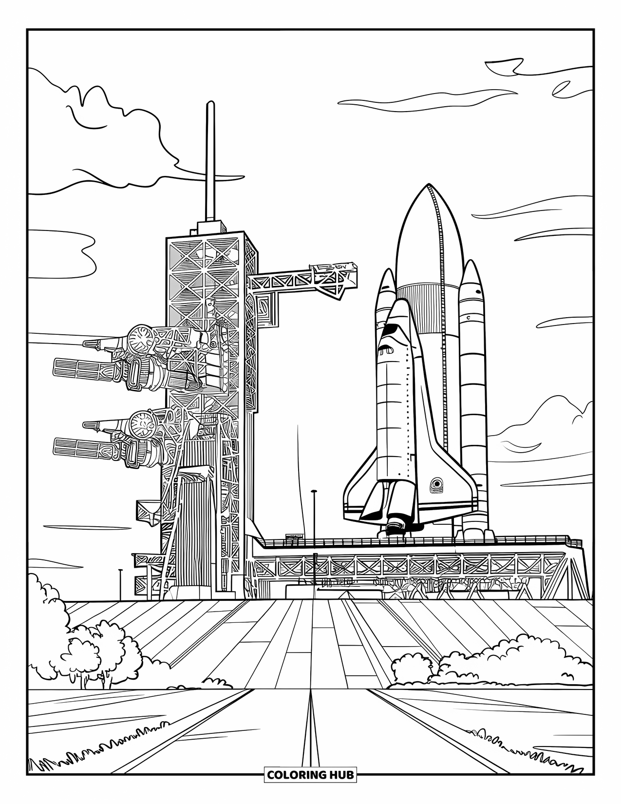 Florida Coloring Page for Kids: A shuttle and tower stand tall at Kennedy Space Center