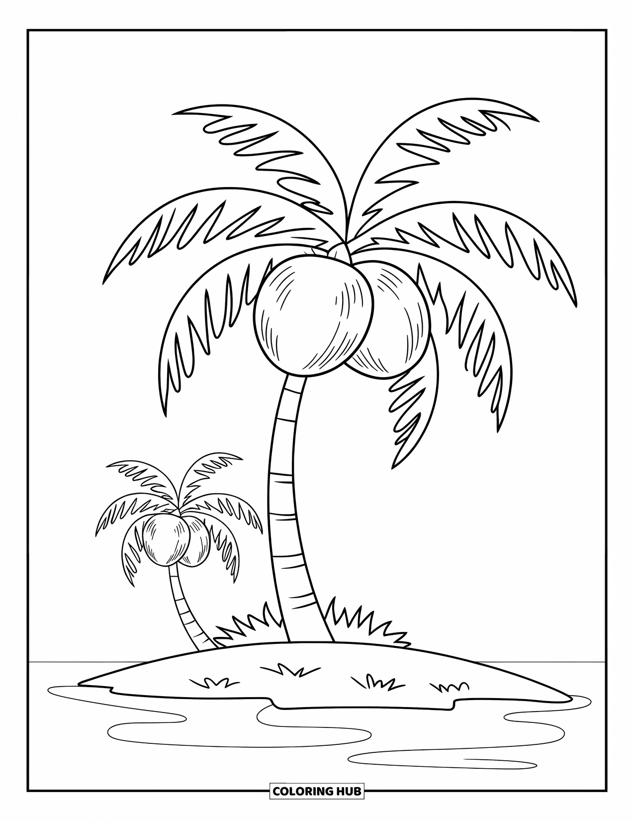 Florida Coloring Page for Kids: A tall palm tree on an island with coconuts on top