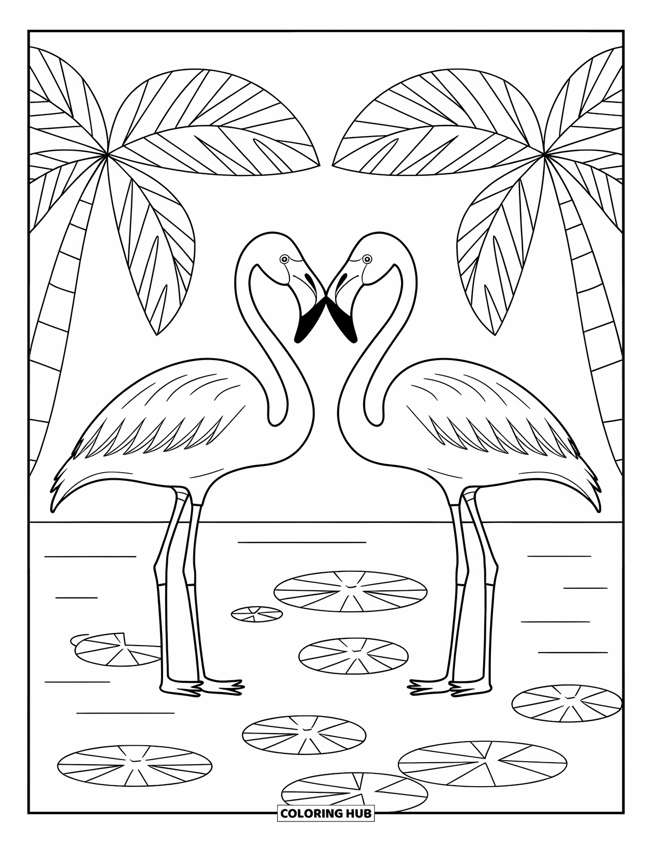 Florida Coloring Page for Kids: Two flamingos face each other near a pond with lily pads