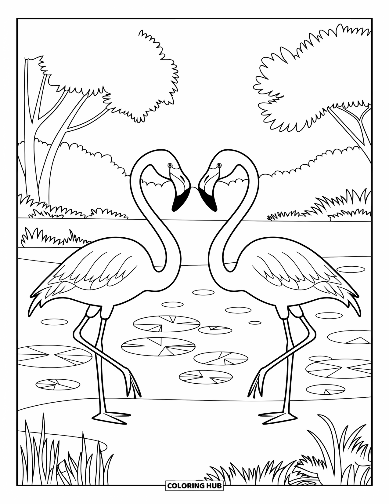 Florida Coloring Page for Kids: Two flamingos stand by a pond with lily pads and grass