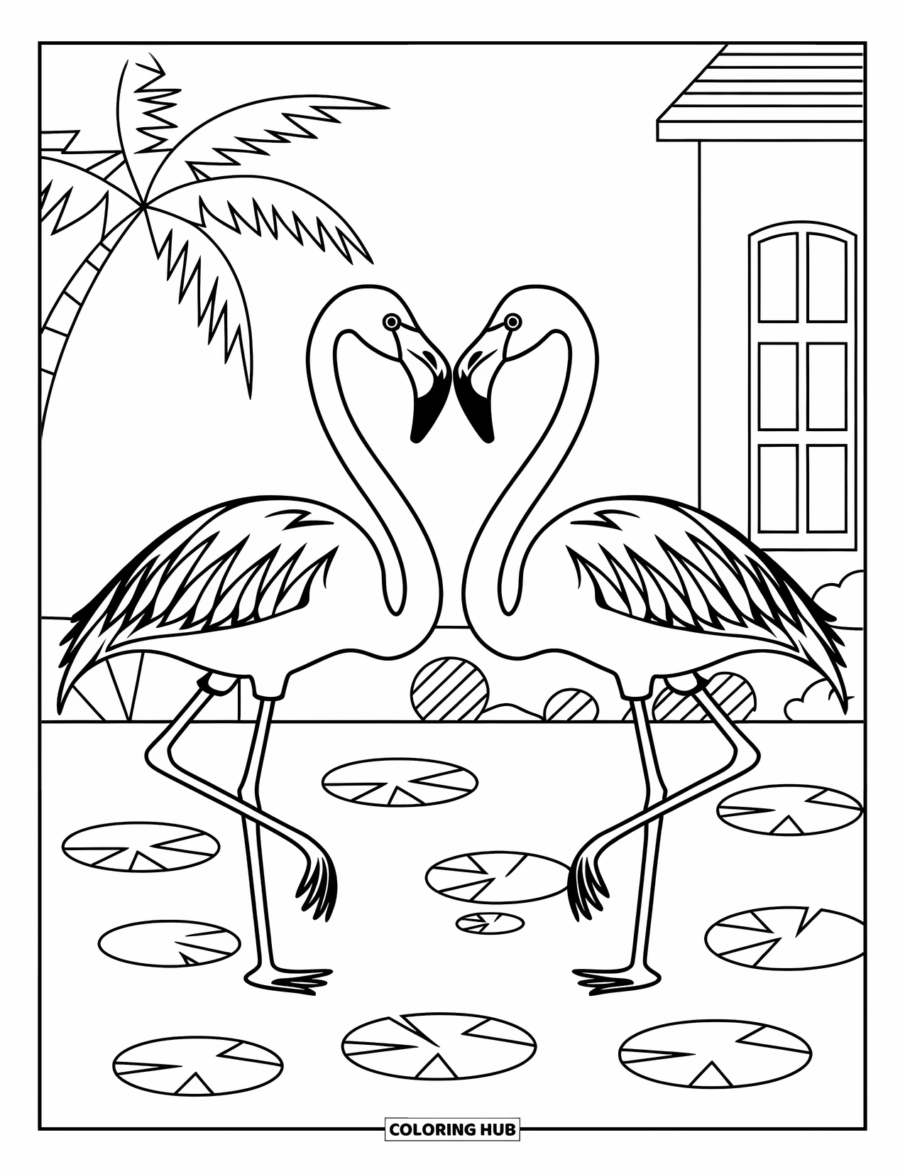 Florida Coloring Page for Kids: Two flamingos stand by lily pads with a palm tree nearby
