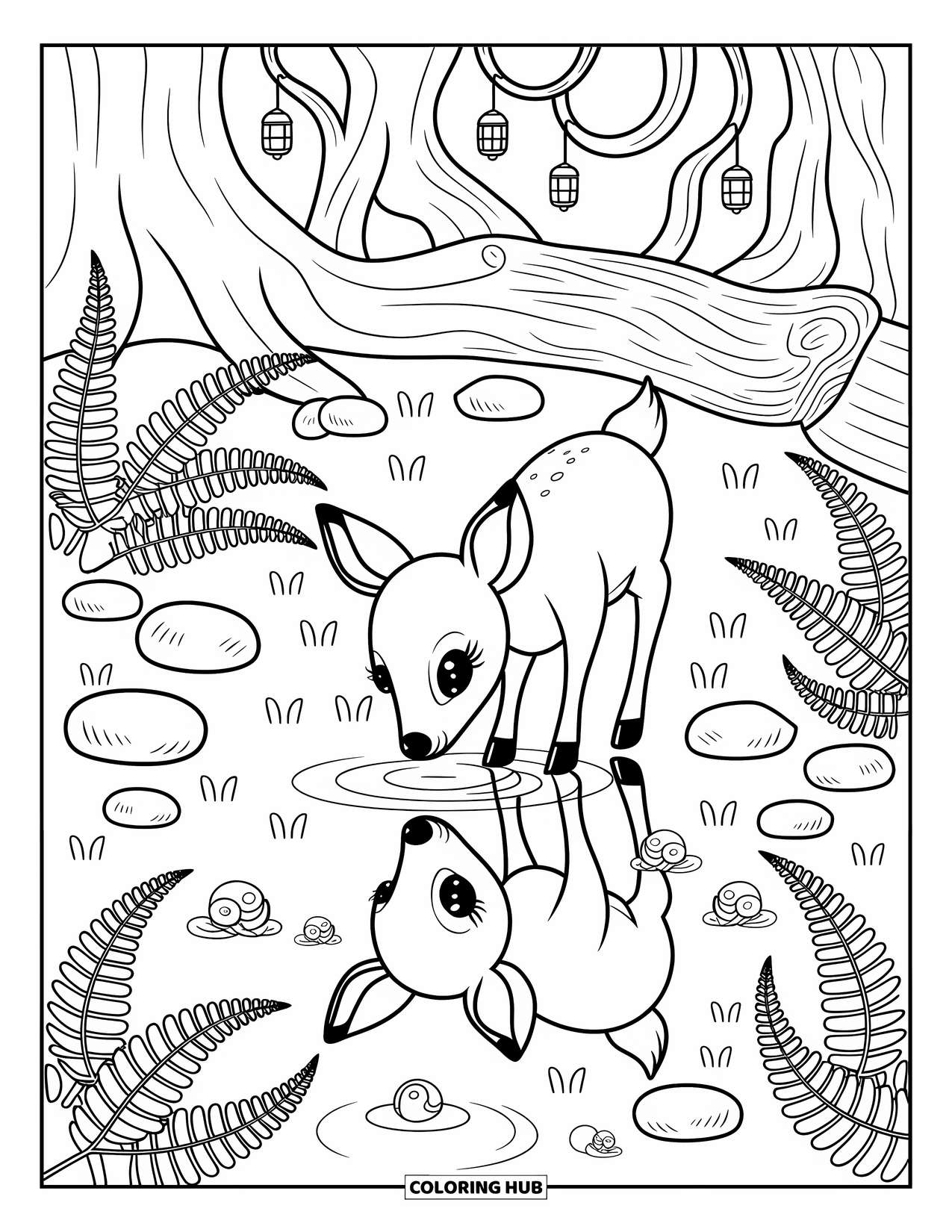 Forest Animals Coloring Page for Adults: A deer sipping water by a stream with roots, logs, and lantern pods
