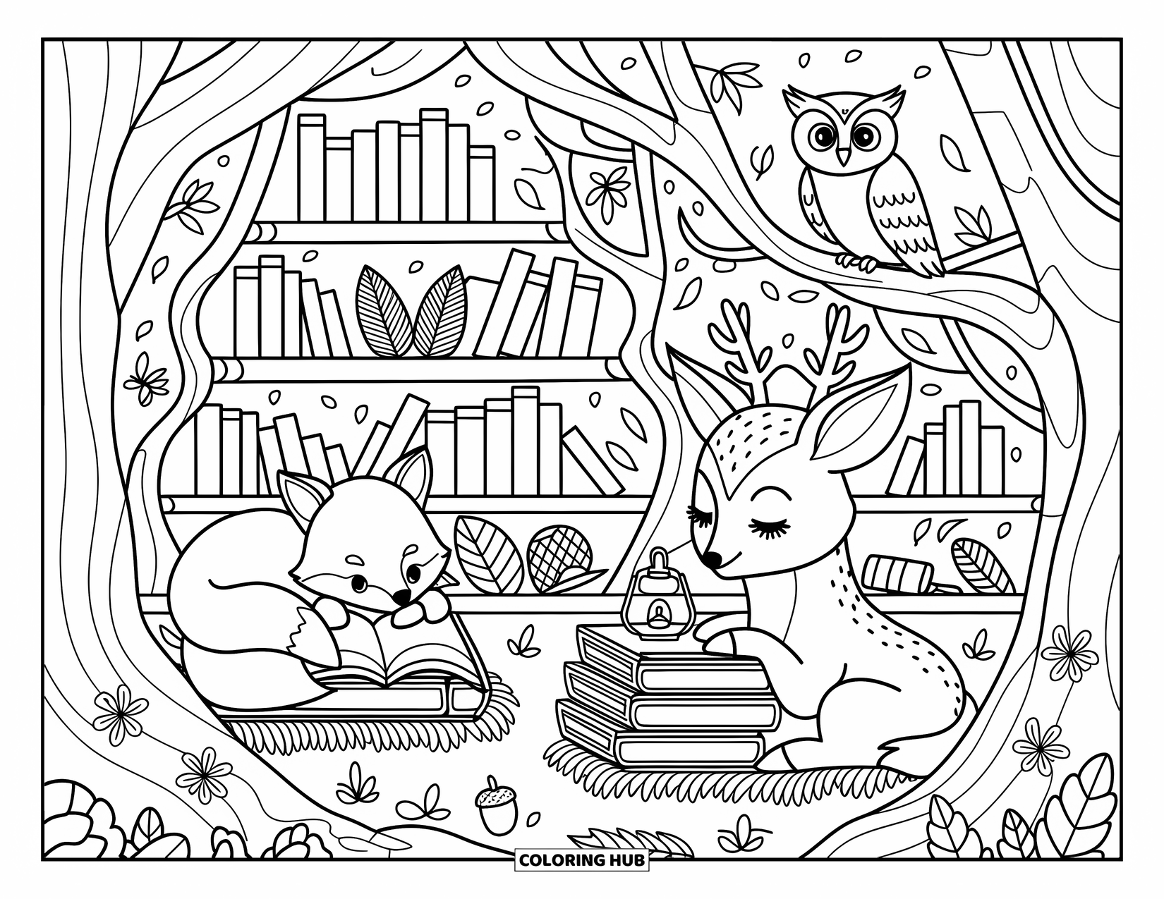 Forest Animals Coloring Page for Adults: A woodland library with a fox, deer, and owl among books and lanterns