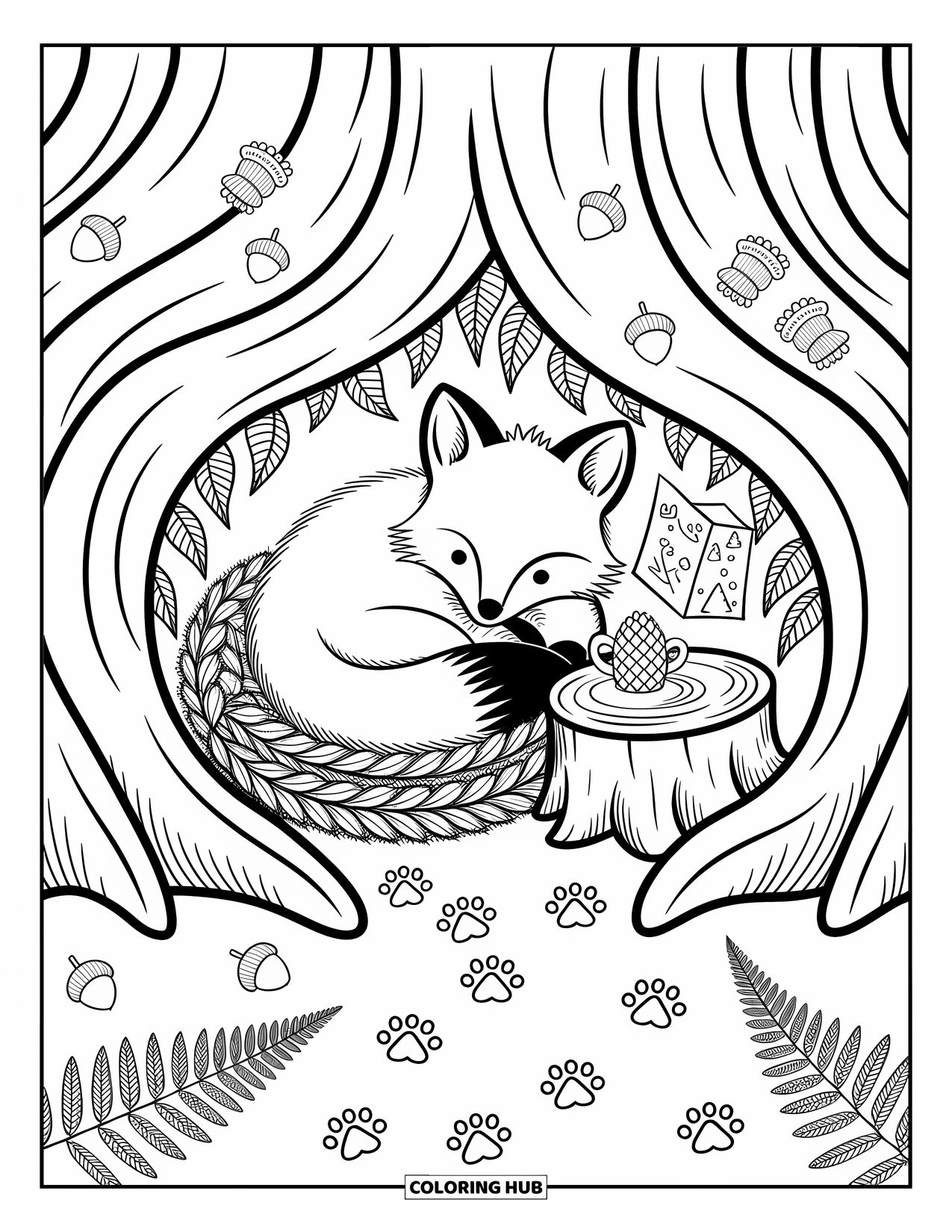 Forest Animals Coloring Page for Adults: Cozy fox sleeping in a snug burrow with a pinecone teacup and map