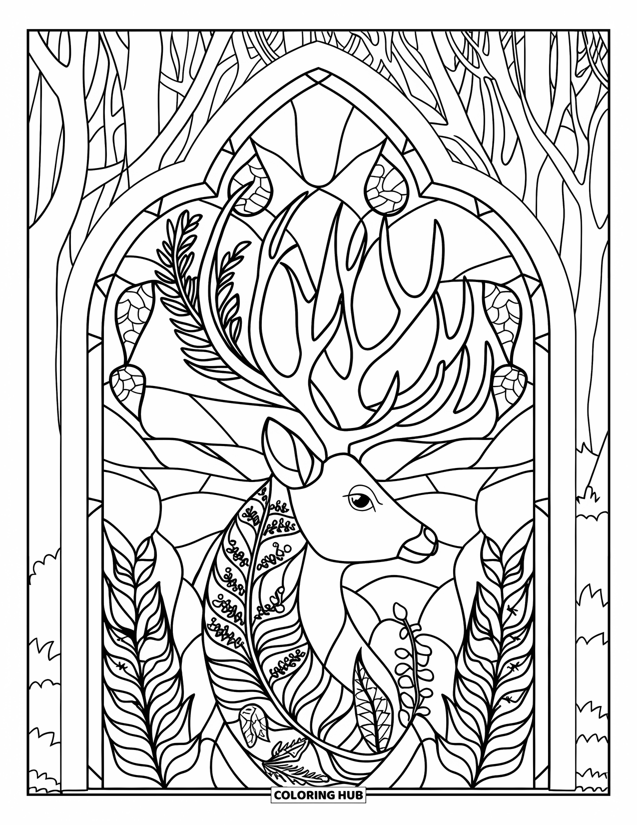 Forest Animals Coloring Page for Adults: Deer antlers forming stained glass filled with ferns and flowers