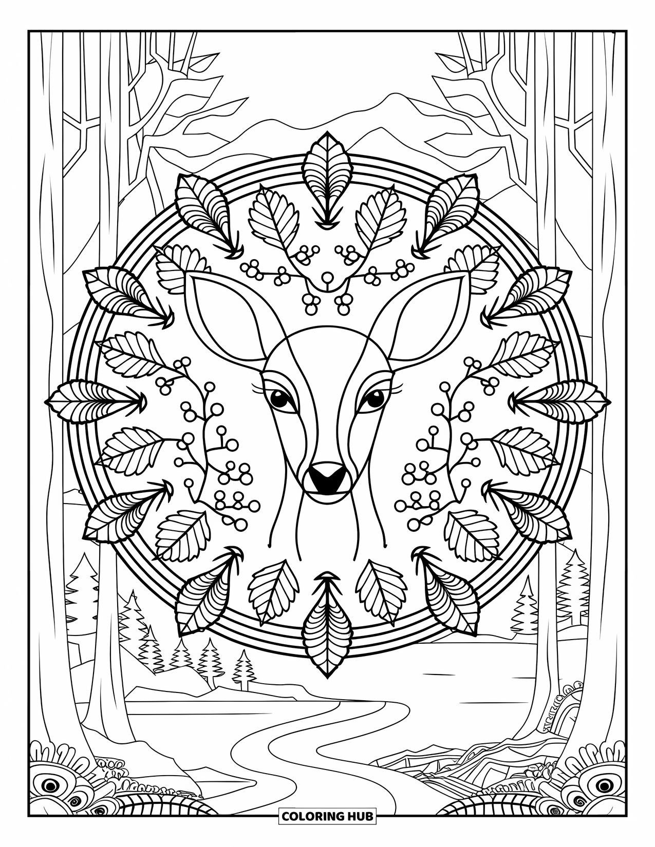 Forest Animals Coloring Page for Adults: Deer face inside a forest mandala with mountains and a winding path