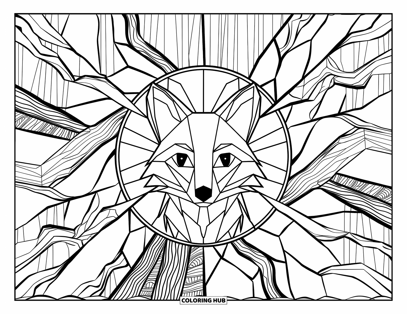 Forest Animals Coloring Page for Adults: Expressive fox face within a forest-inspired stained glass window