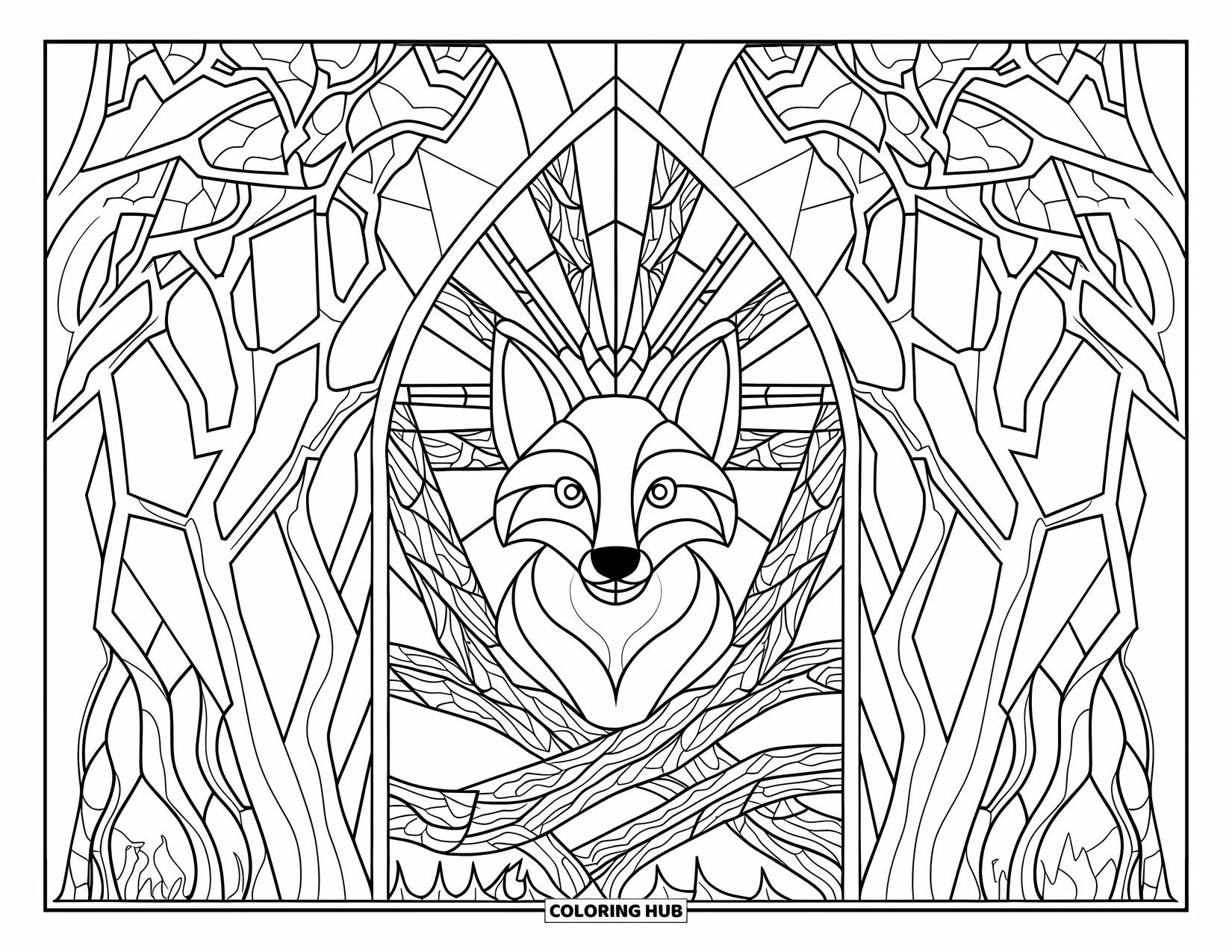 Forest Animals Coloring Page for Adults: Fox face inside a detailed stained glass design of trees and vines
