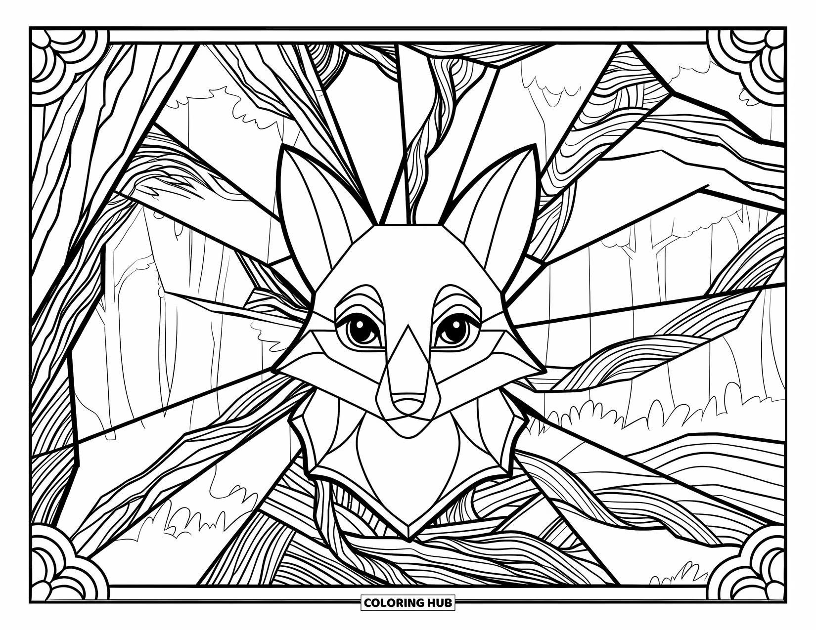 Forest Animals Coloring Page for Adults: Fox face set inside a stained glass forest design with vines