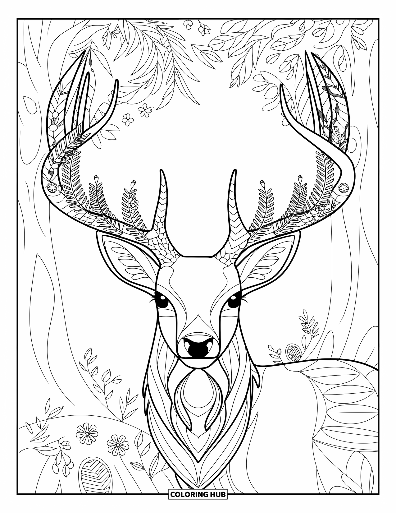 Forest Animals Coloring Page for Adults: Gentle deer with antlers shaped into leafy stained glass patterns