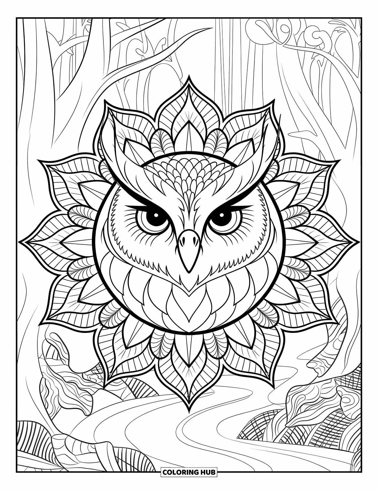 Forest Animals Coloring Page for Adults: Owl face centered in a mandala of branches, feathers, and seed pods